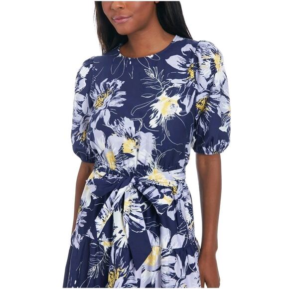 London Times Navy Ivory Floral Midi Dress Women's Size 8, Puff Sleeve Belted - Picture 3 of 3